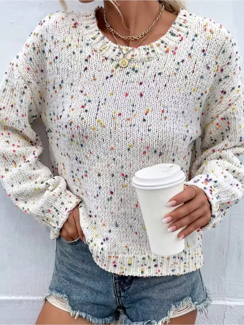 Harper Cream Speckled Knit Sweater with Multicolor Dots M